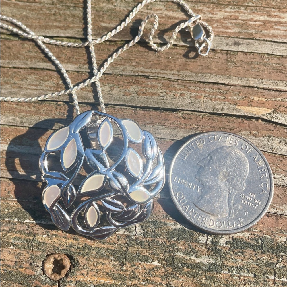 White Mother-of-Pearl Rhodium Over 925 Silver Pendant w/ 925 Silver Chain